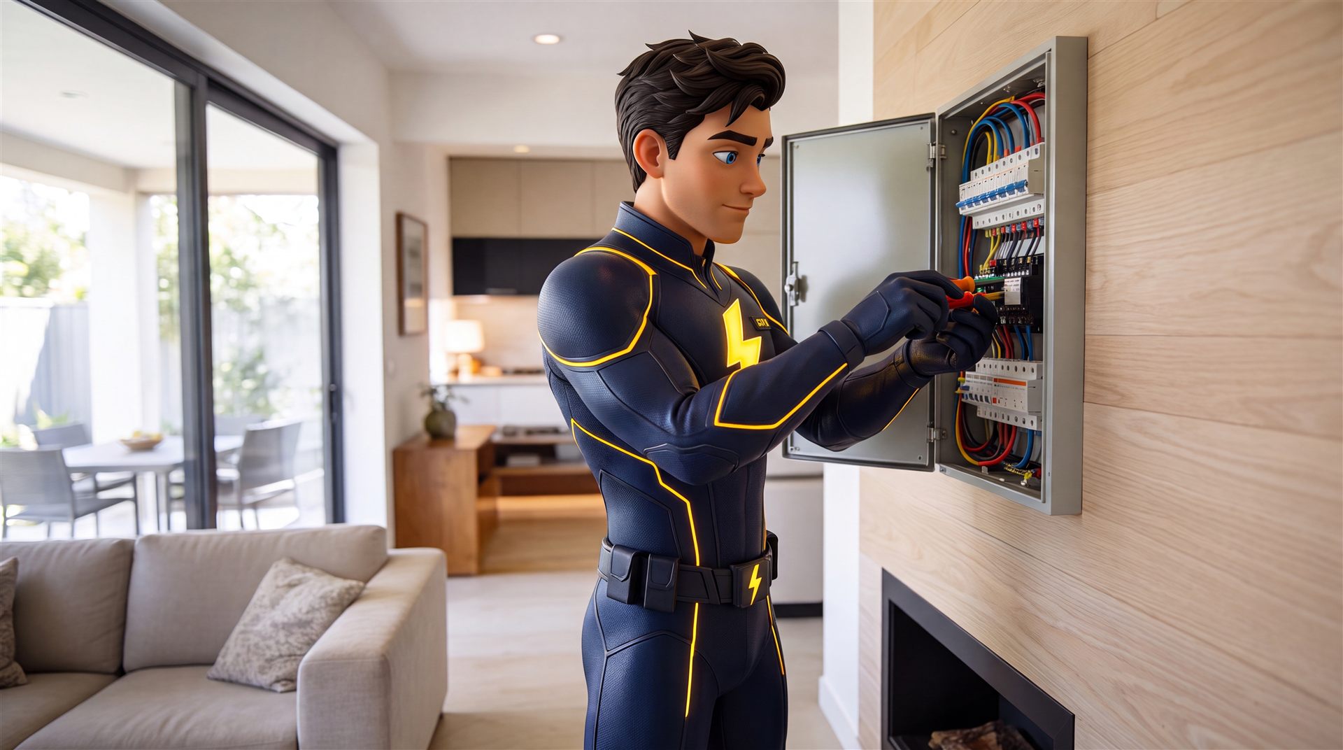 Le héros As-Built met un tableau électrique en conformité dans un salon